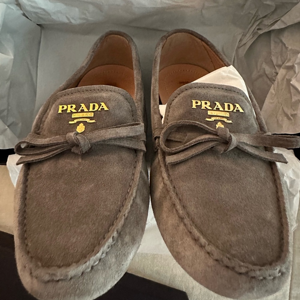 New in Box - Prada Soft Suede Drivers with Bow and Logo Accent